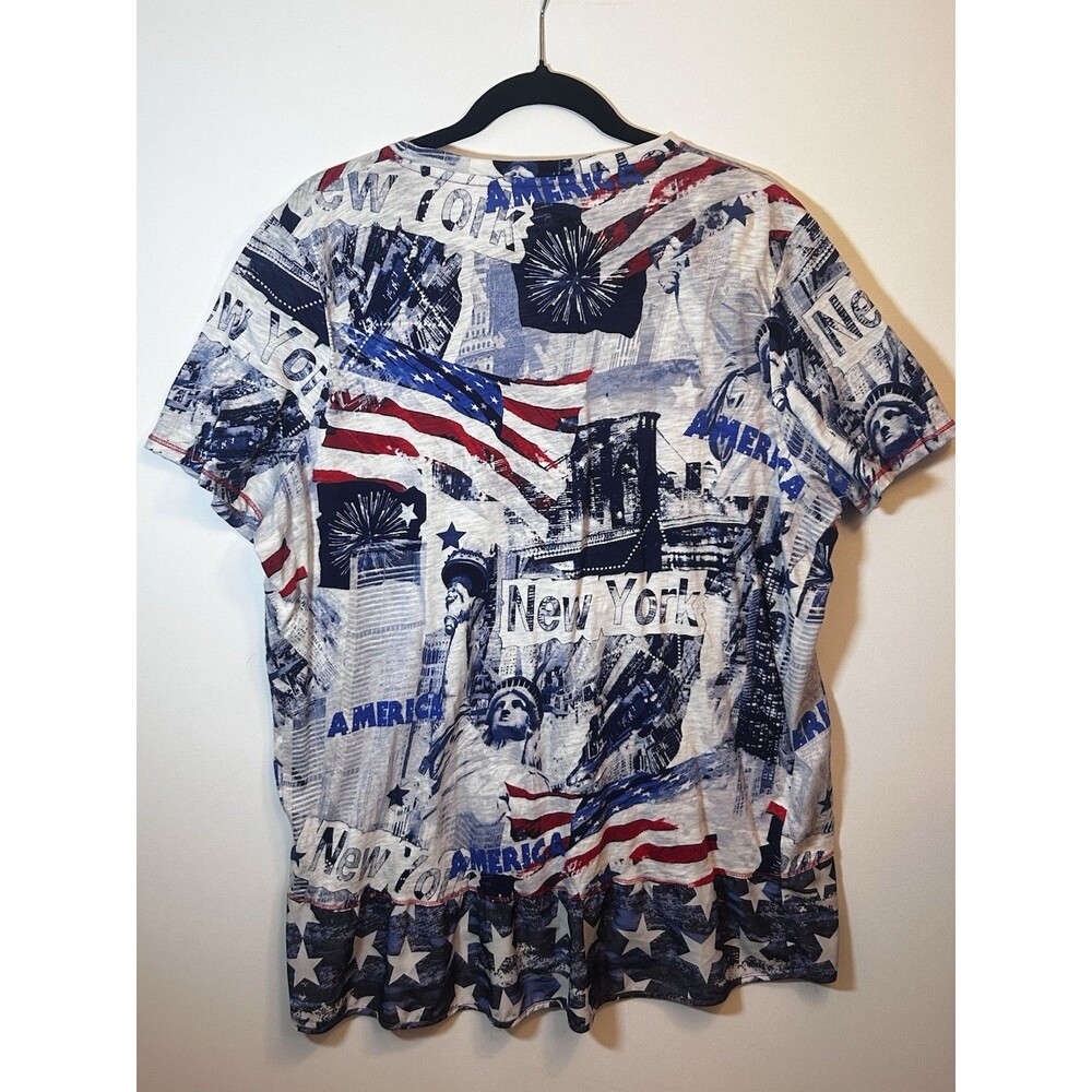 Unique Woman 2X Patriotic Stars Graphic Tunic T-Shirt V-Neck Rhinestone Button - Picture 15 of 16
